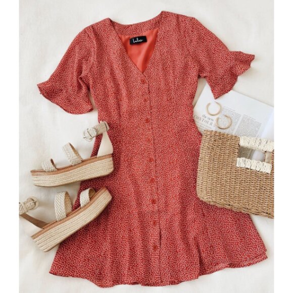 NWT LULUS Castana Rust Red Print Button-Up Mini Micro-Print Dress Size XL - Picture 2 of 9